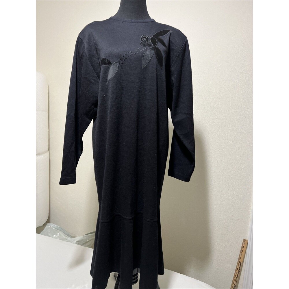 Vintage Black Dress Wool Blend 16 Hong Kong Embellished Floral R & K Originals